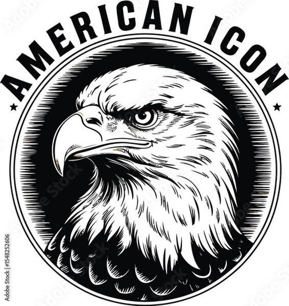 Obraz Illustration of an eagle head with american icon text in a circular frame on a beige background