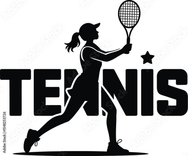 Obraz Silhouette of a woman playing tennis with the word tennis in bold letters and a star on a white background