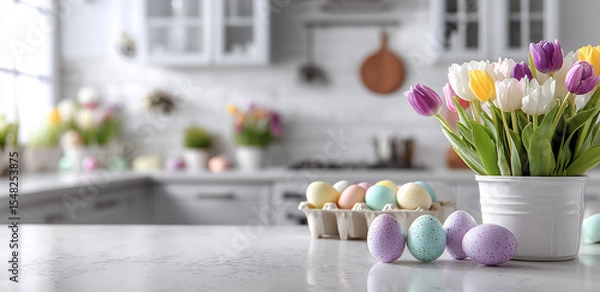 Fototapeta A modern kitchen with white cabinets and walls, featuring tulips in pastel colors placed on the countertop near Easter eggs, creating an atmosphere of springtime celebration