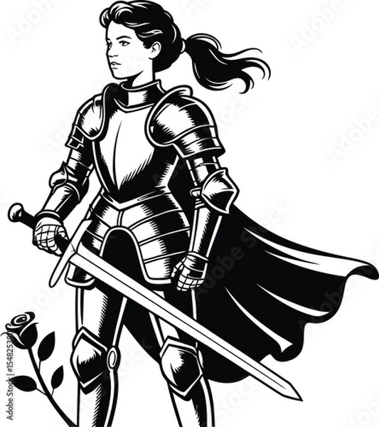 Obraz A woman in armor with a sword and cape standing next to a rose in a black and white illustration