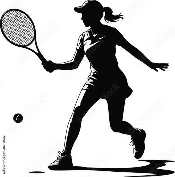 Obraz Silhouette of a woman playing tennis with a racket and ball in a black and white isolated background
