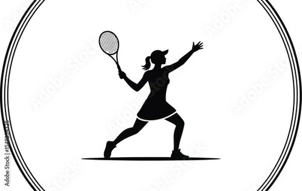 Obraz Silhouette of a woman playing tennis with a racket in a white background with a circular border design