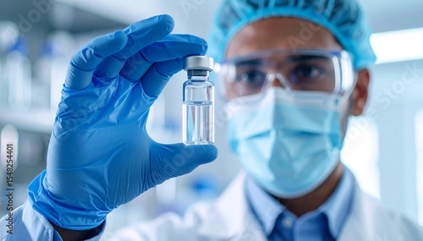 Fototapeta Scientist Examining Vaccine: A scientist wearing protective gear carefully examines a vial containing a potential vaccine, reflecting on scientific advancements.
