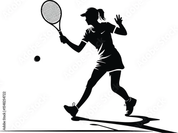 Obraz Silhouette of a woman playing tennis with a racket and ball on a white background in action pose style