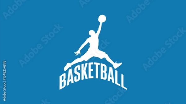 Obraz A white silhouette of a basketball player jumping with ball on a blue background with word basketball