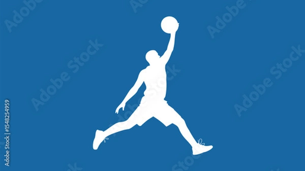 Obraz White silhouette of a basketball player jumping with a ball against a blue background illustration