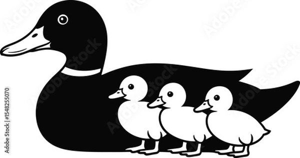 Obraz A black and white illustration of a duck with three ducklings following behind in a row on white background