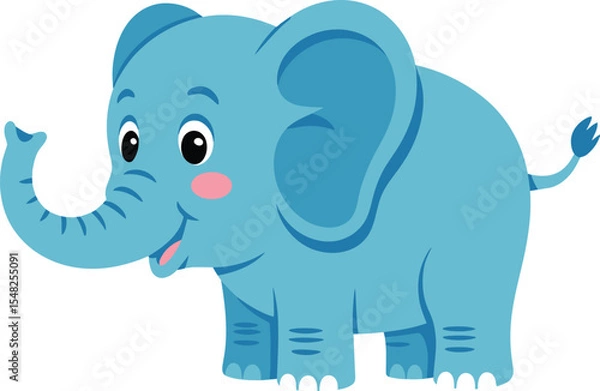 Obraz A cartoon illustration of a light blue elephant with a pink cheek standing on a white background