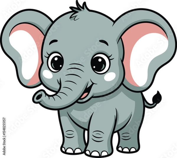 Obraz Illustration of a cartoon baby elephant with big ears and a curled trunk on a white background