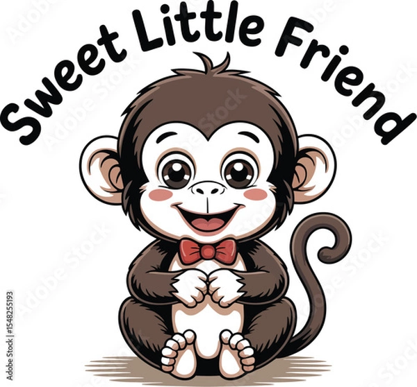 Obraz A cartoon monkey with a bow tie sitting under the text sweet little friend on a white background