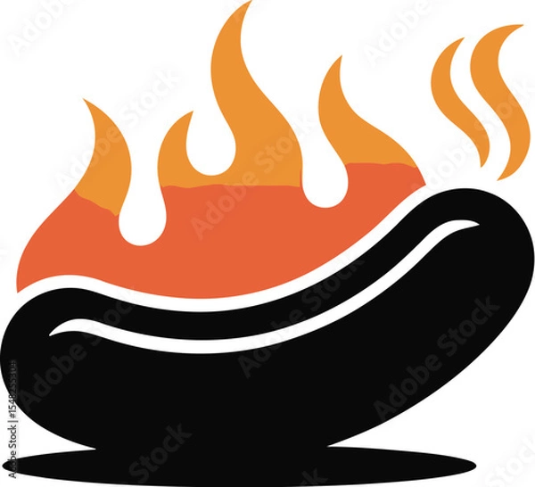 Obraz A stylized illustration of a black sausage engulfed in orange and yellow flames on a light background