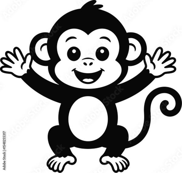 Obraz A cartoon monkey with its arms raised and a happy expression on a white background vector illustration