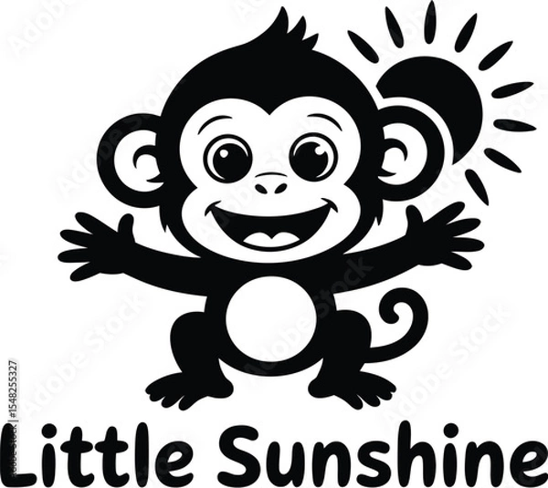 Obraz Cartoon monkey with arms outstretched and a sun behind it with the words little sunshine below it