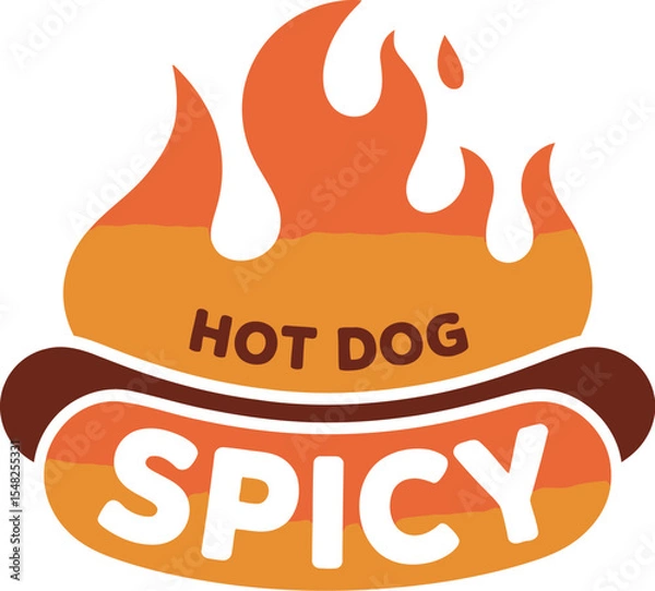 Obraz A logo of a spicy hot dog with flames above the bun and the words hot dog and spicy on the bun itself