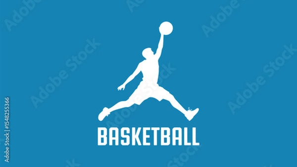 Obraz White silhouette of a basketball player jumping with a ball on a blue background with text below it
