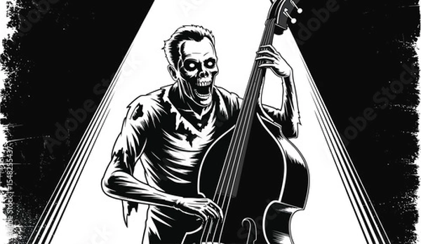 Obraz A black and white illustration of a zombie playing a double bass on a stage with stark lighting
