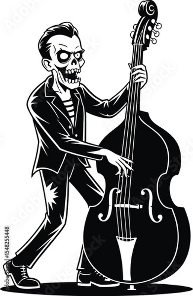 Obraz A monochrome illustration of a zombie playing a double bass in a suit against white background