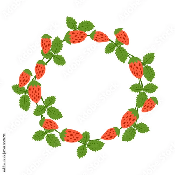 Fototapeta Round frame with hand drawn strawberries, leaves and flowers. Summer or garden berries composed in circle shape isolated on white background.