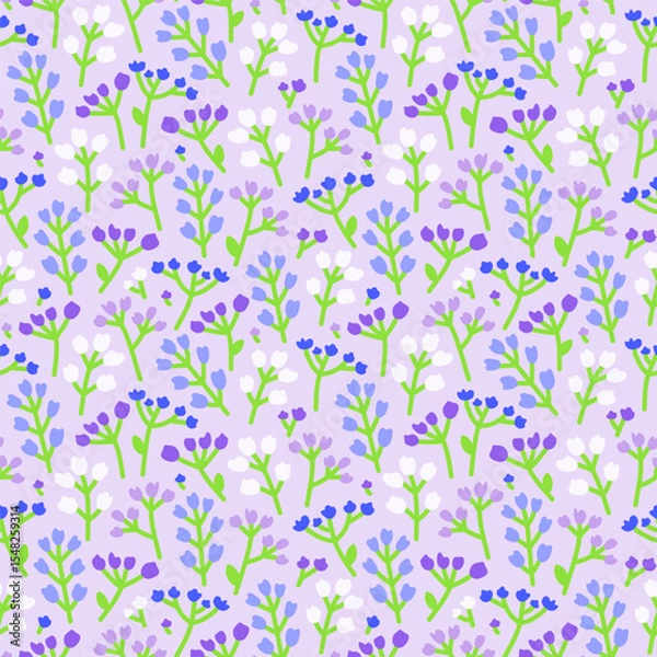 Fototapeta Delicate seamless pattern with petite meadow flowers in soft colors. Tranquil floral summer background. Layered by colors.