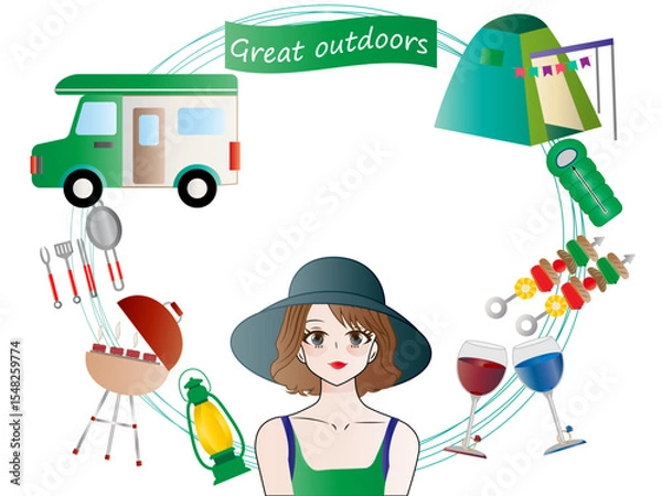 Obraz アウトドア■女性とキャンプのフレーム