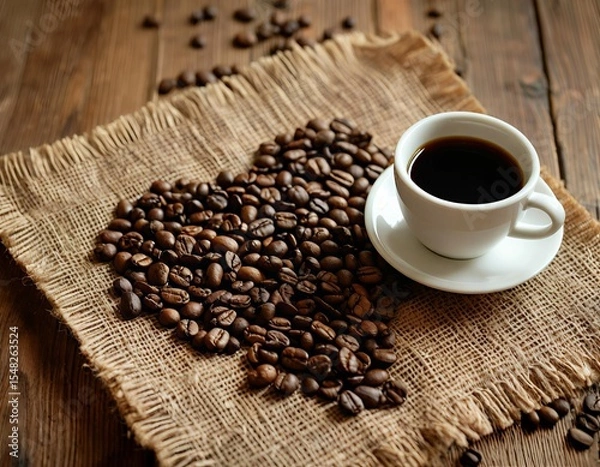 Obraz A cup of coffee and coffee beans in the shape of a heart on burlap