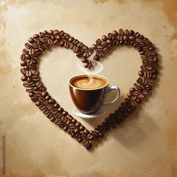 Obraz A cup of coffee and coffee beans in the shape of a heart on burlap