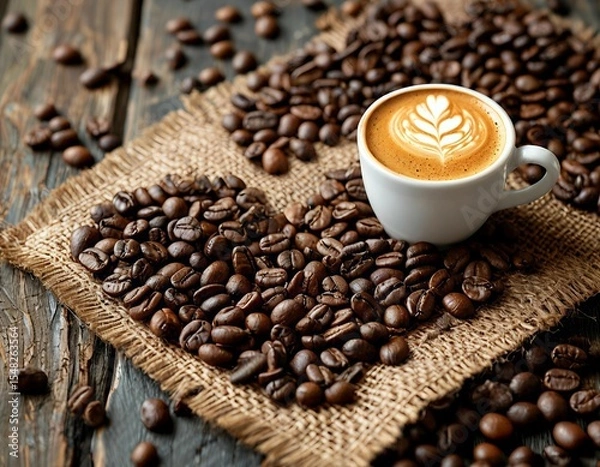 Obraz A cup of coffee and coffee beans in the shape of a heart on burlap