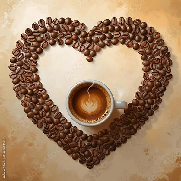 Obraz A cup of coffee and coffee beans in the shape of a heart on burlap