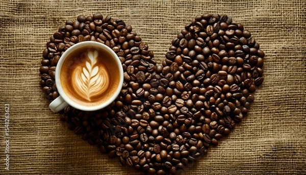 Obraz A cup of coffee and coffee beans in the shape of a heart on burlap