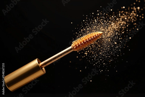 Obraz A close-up of a luxurious gold mascara brush with perfectly contoured bristles suspended in mid-air against a sleek black background.
