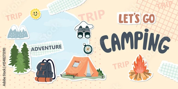 Fototapeta Let's go camping banner collage with tent, backpack, binoculars, compass, forest, mountains and fire. Cartoon elements with paper cut shapes. Hand written and tipographic text. Vector illustration.