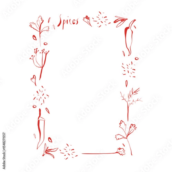 Fototapeta Frame with chili pepper parsley dill and herbs in minimal linear style for kitchen print recipe cards and food packaging