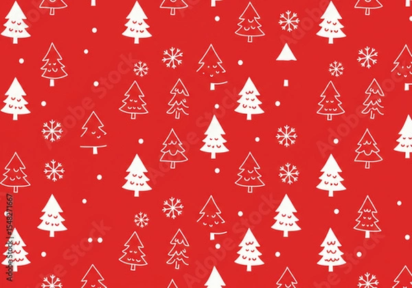 Obraz A festive red background filled with christmas trees snowflakes and small white dots scattered randomly