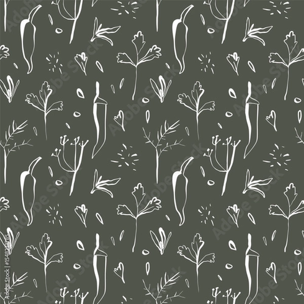 Fototapeta Seamless herb and chili pattern on deep green background in hand drawn minimal linear style for packaging and kitchen decor
