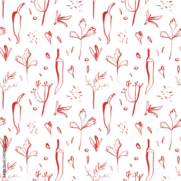 Fototapeta Seamless red herb and chili pattern on white background in minimal hand drawn style for kitchen cards packaging and wall decor