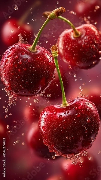 Obraz Ripe cherries flying in mid-air with glossy red skin, green stems, sparkling dewdrops, and glowing light particles. Photorealistic, vibrant and fresh composition on a clean background.