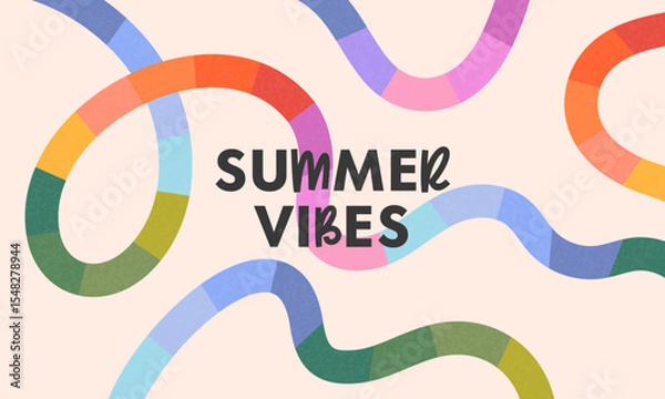 Fototapeta Summer abstract background with bright rainbow lines.Modern illustration with colorful shapes.Summer vacation banner in simple fun style.Horizontal print for posters,banners,ad,covers,branding,fashion