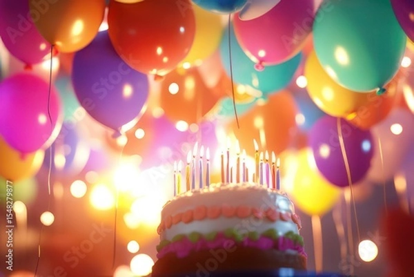 Fototapeta Festive background, cake and balloons. Ai generative.