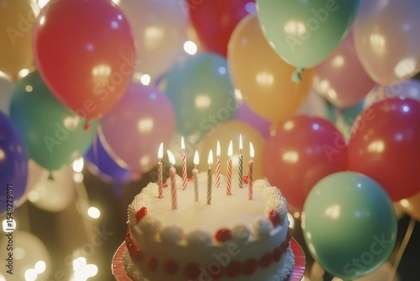 Fototapeta Festive background, cake and balloons. Ai generative.