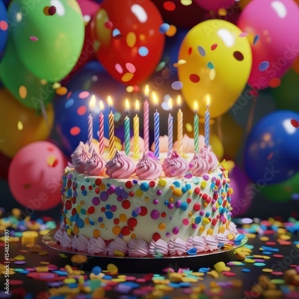 Fototapeta Festive background, cake and balloons. Ai generative.