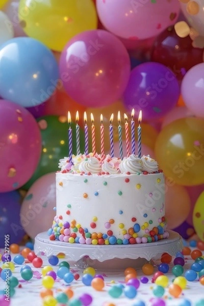 Fototapeta Festive background, cake and balloons. Ai generative.
