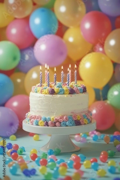 Fototapeta Festive background, cake and balloons. Ai generative.