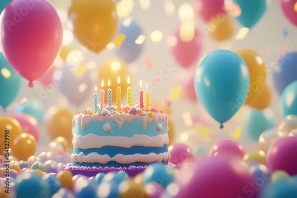 Fototapeta Festive background, cake and balloons. Ai generative.