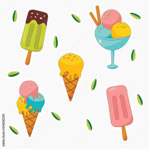 Obraz set with ice cream on white background, popsicle, cone, balls
