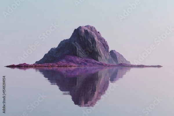 Fototapeta an abstract, unique landscape. Lone mountain in the middle of nowhere. Violet rock reflected in calm water over the pale background