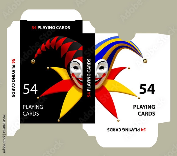 Fototapeta Playing cards tuck box template with colorful 3D Joker head on black and white background. Vector illustration