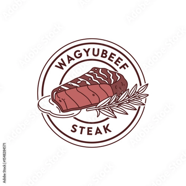 Fototapeta Wagyu beef steak illustration, circular logo design, red and brown