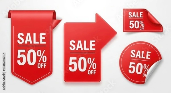 Obraz A set of five red elements with "sale 50% off" text, in various shapes for promotions and discounts