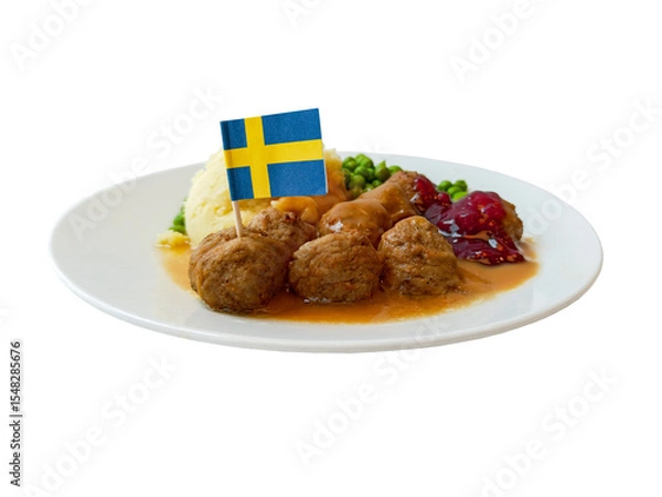 Fototapeta Isolated Swedish meatballs with Sweden flag, lingonberry sauce, mash and peas on transparent background