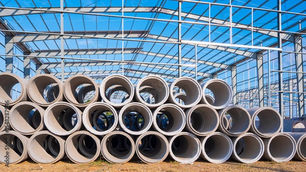 Fototapeta Concrete drainage pipes stacked on the ground in front of metal structure of warehouse industrial factory building in construction site, front view 
